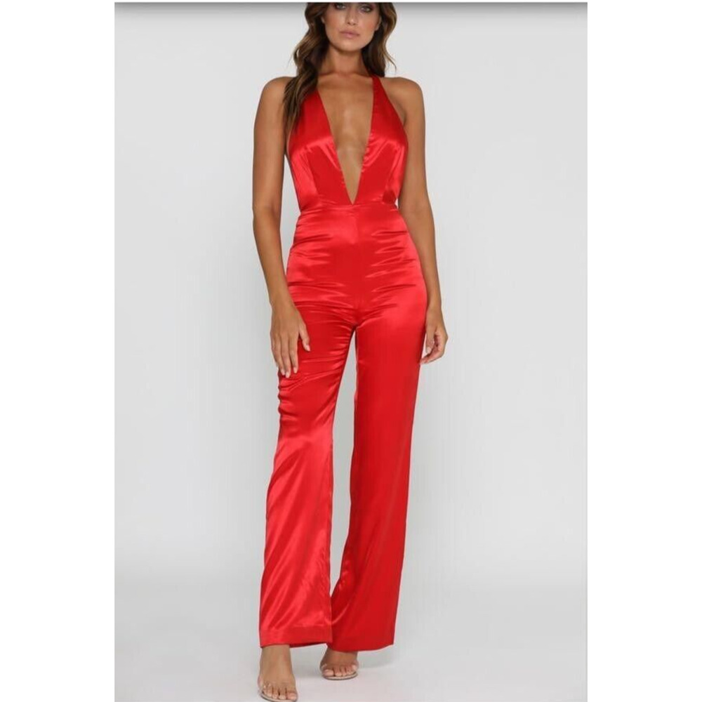 Meshki Ayra Red Satin Jumpsuit Halter Zip Closure Plunge V-Neckline Size XS